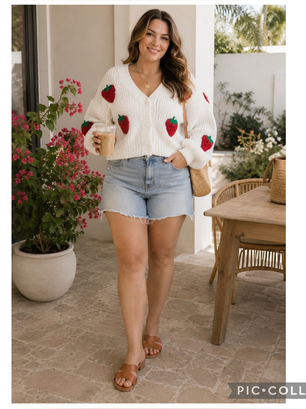 Strawberry Appliqué Chunky Knit Cardigan Oversized Cottagecore Sweater L